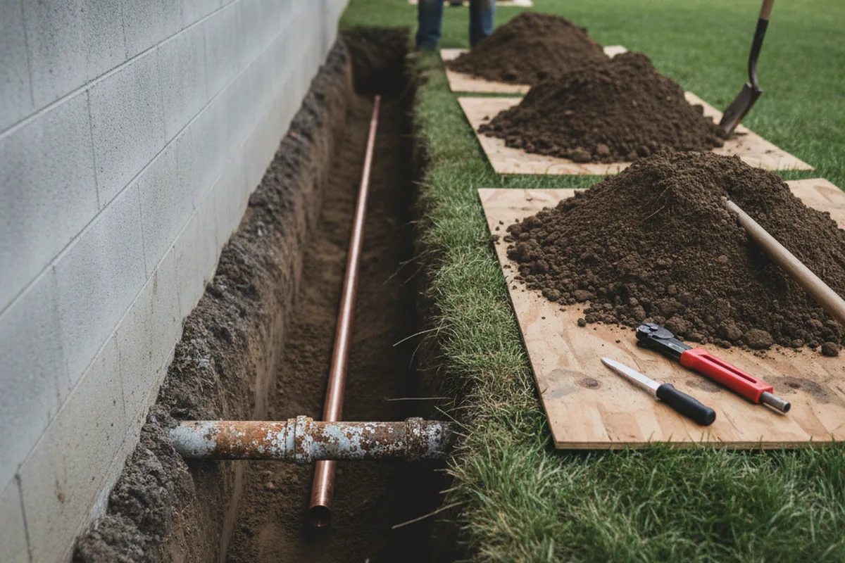 Excavated water line trench during Water Softener Installation in Indian Hills